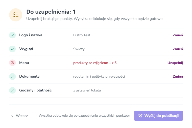 Lista punktów przed wysyłką