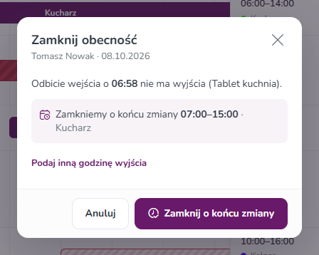 Okno Zamknij obecność z informacją o końcu zmiany 07:00–15:00