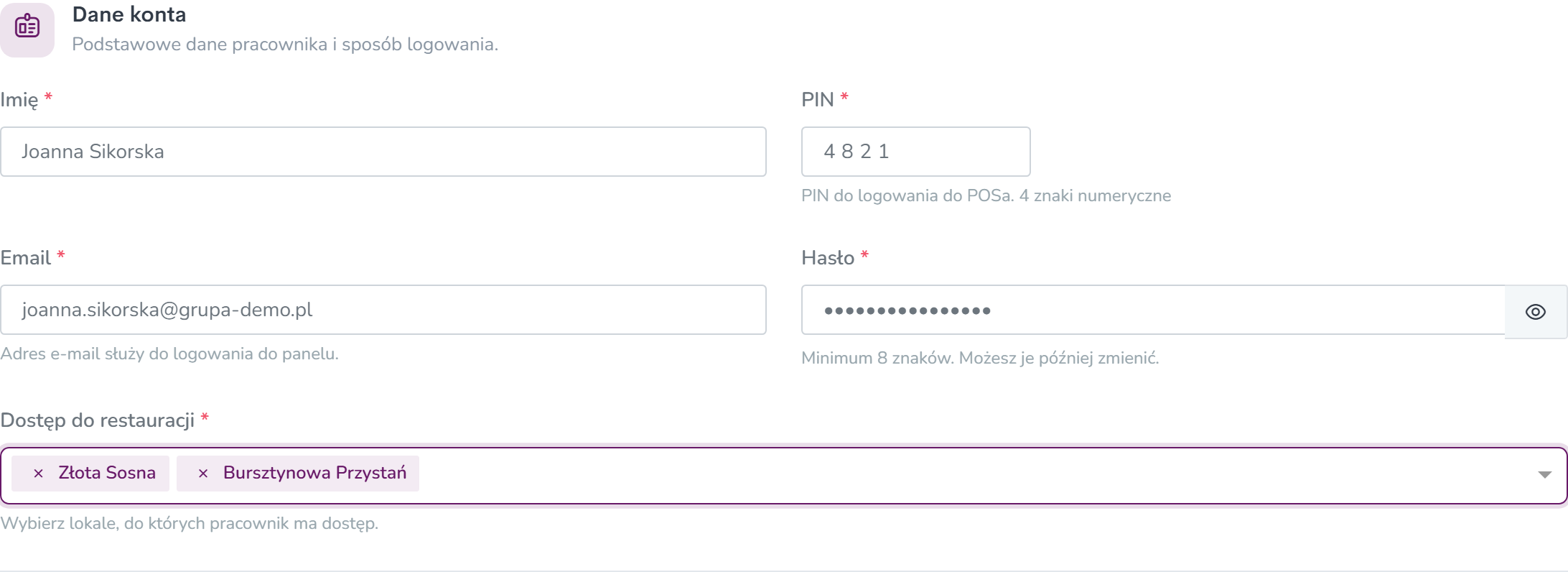 Sekcja Dane konta: imię, PIN, e-mail, hasło i dostęp do restauracji