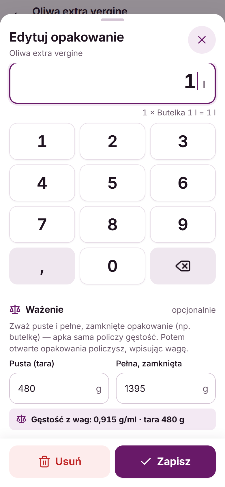 Edycja opakowania „Butelka 1 l” oliwy z sekcją „Ważenie”: tara 480 g, pełna 1395 g, gęstość z wag 0,915 g/ml