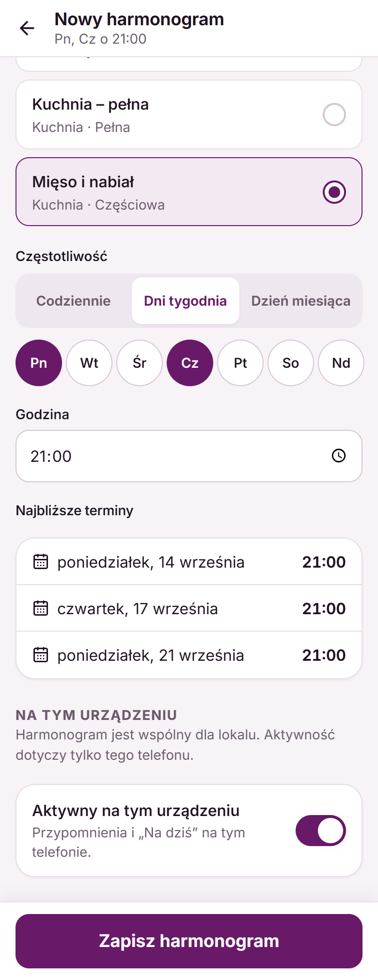 Formularz nowego harmonogramu: dni tygodnia, godzina, najbliższe terminy i aktywność na urządzeniu