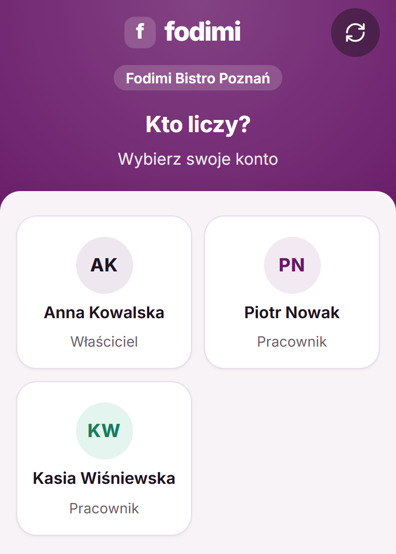 Ekran Kto liczy? z kafelkami pracowników