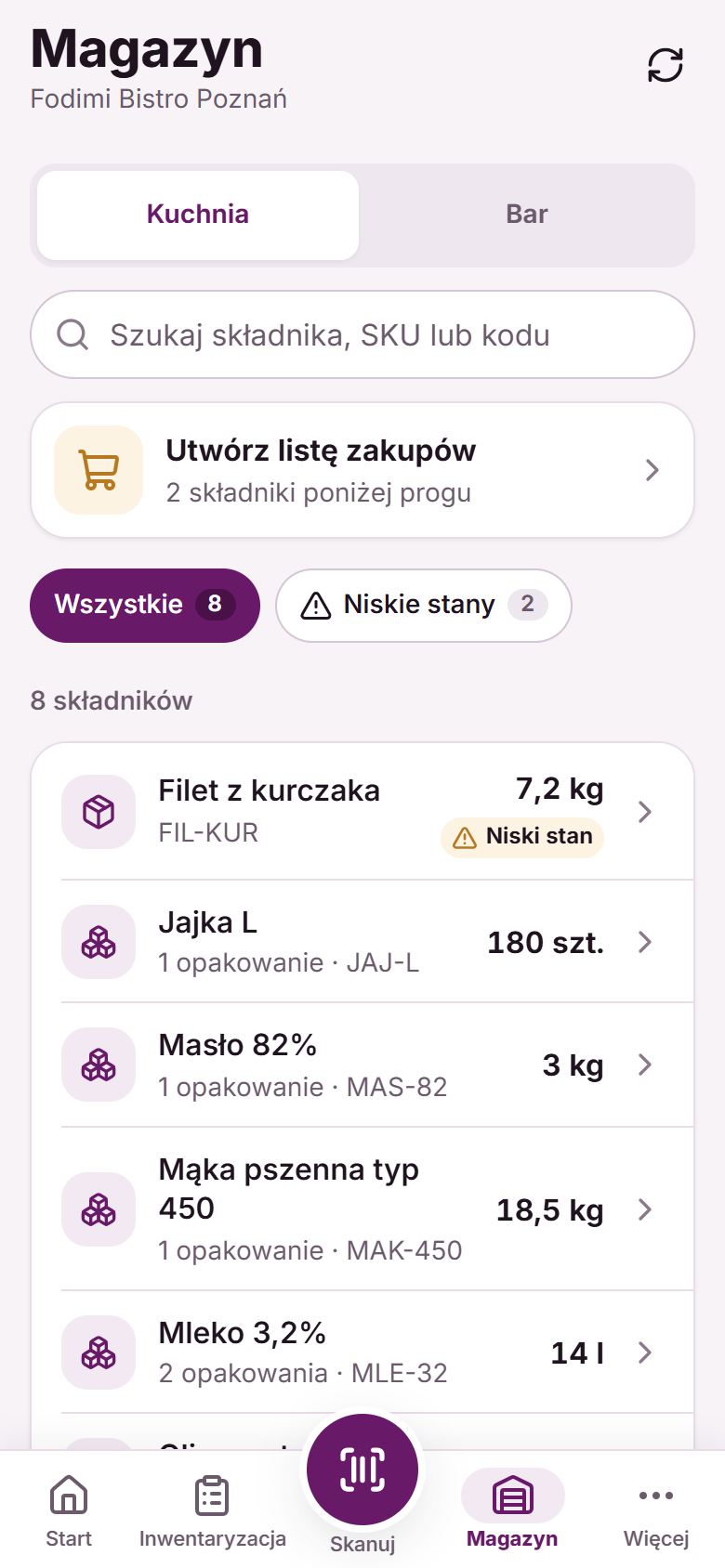 Zakładka Magazyn: przełącznik Kuchnia i Bar, wyszukiwarka, lista zakupów, filtr niskich stanów i lista składników