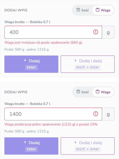 Komunikaty o błędzie: waga mniejsza niż puste opakowanie i waga przekraczająca pełne opakowanie o ponad 10%