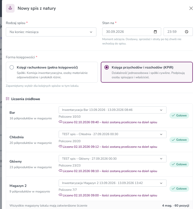 Okno nowego spisu z informacją o przeliczeniu