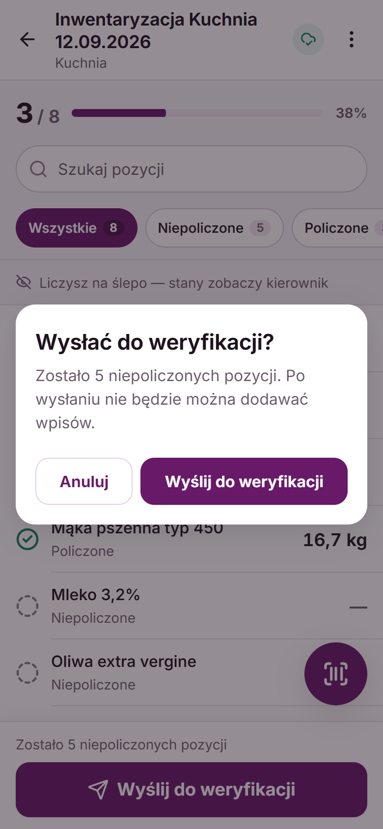 Okno potwierdzenia „Wysłać do weryfikacji?” z informacją o 5 niepoliczonych pozycjach