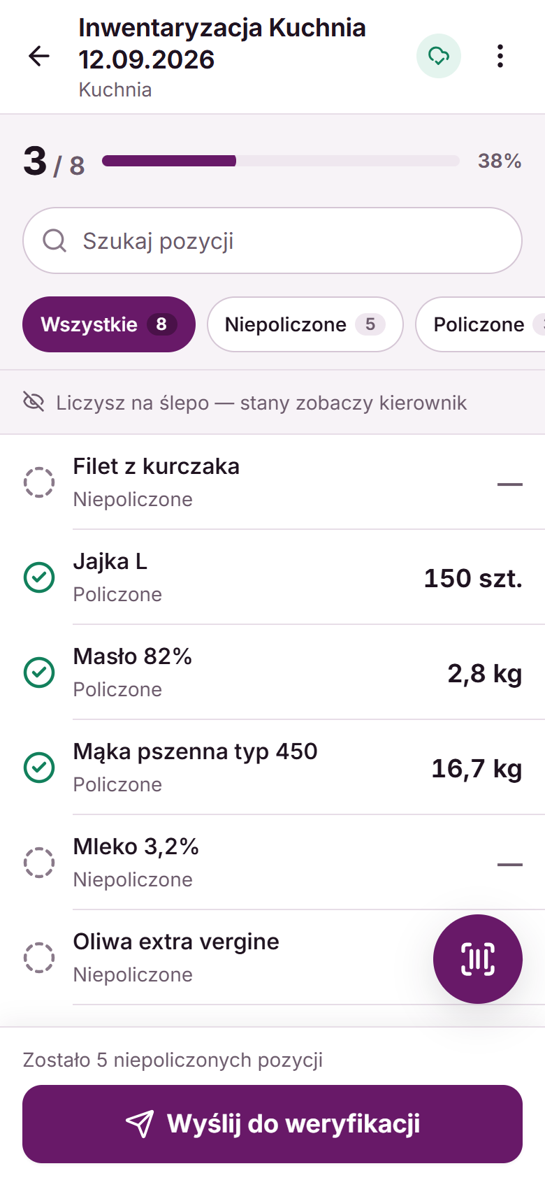 Ekran liczenia w trybie na ślepo: widać tylko policzone ilości, bez różnic