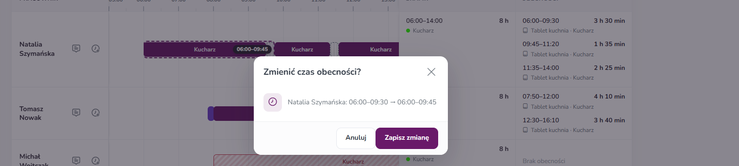 Okno Zmienić czas obecności z przyciskiem Zapisz zmianę