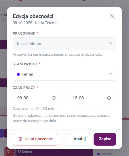 Okno Edycja obecności z przyciskami Usuń obecność, Anuluj i Zapisz