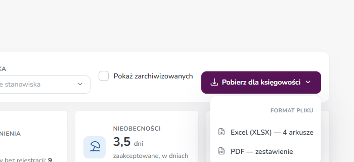 Rozwinięta lista Pobierz dla księgowości z opcjami Excel (XLSX) — 4 arkusze i PDF — zestawienie