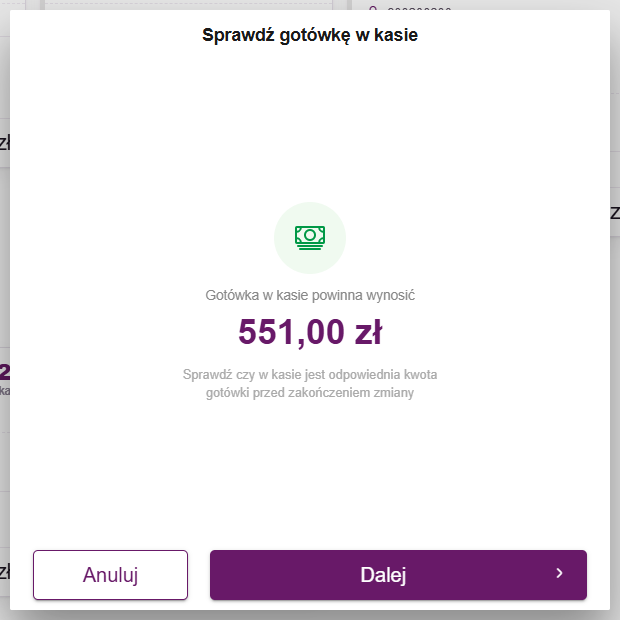 Okno Sprawdź gotówkę w kasie przed zakończeniem zmiany