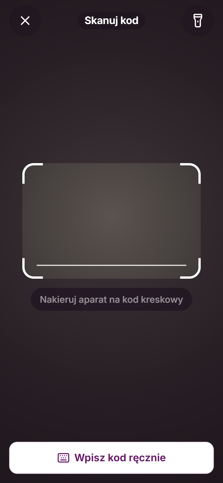 Skaner kodów z ramką, przyciskiem latarki i przyciskiem „Wpisz kod ręcznie”