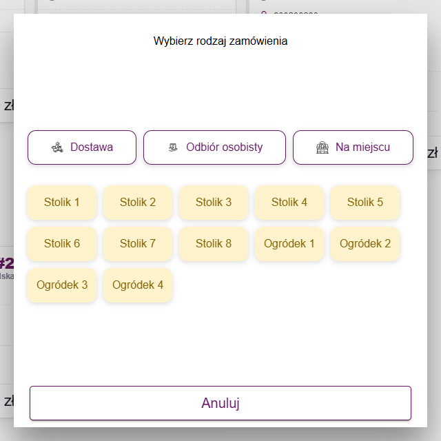 Okno Wybierz rodzaj zamówienia z przyciskami Dostawa, Odbiór osobisty, Na miejscu i listą stolików