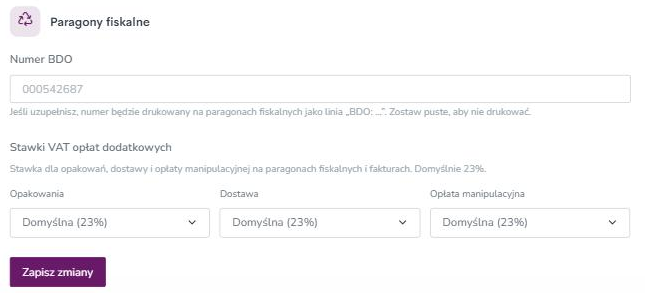 Sekcja Paragony fiskalne z numerem BDO i stawkami VAT opłat dodatkowych