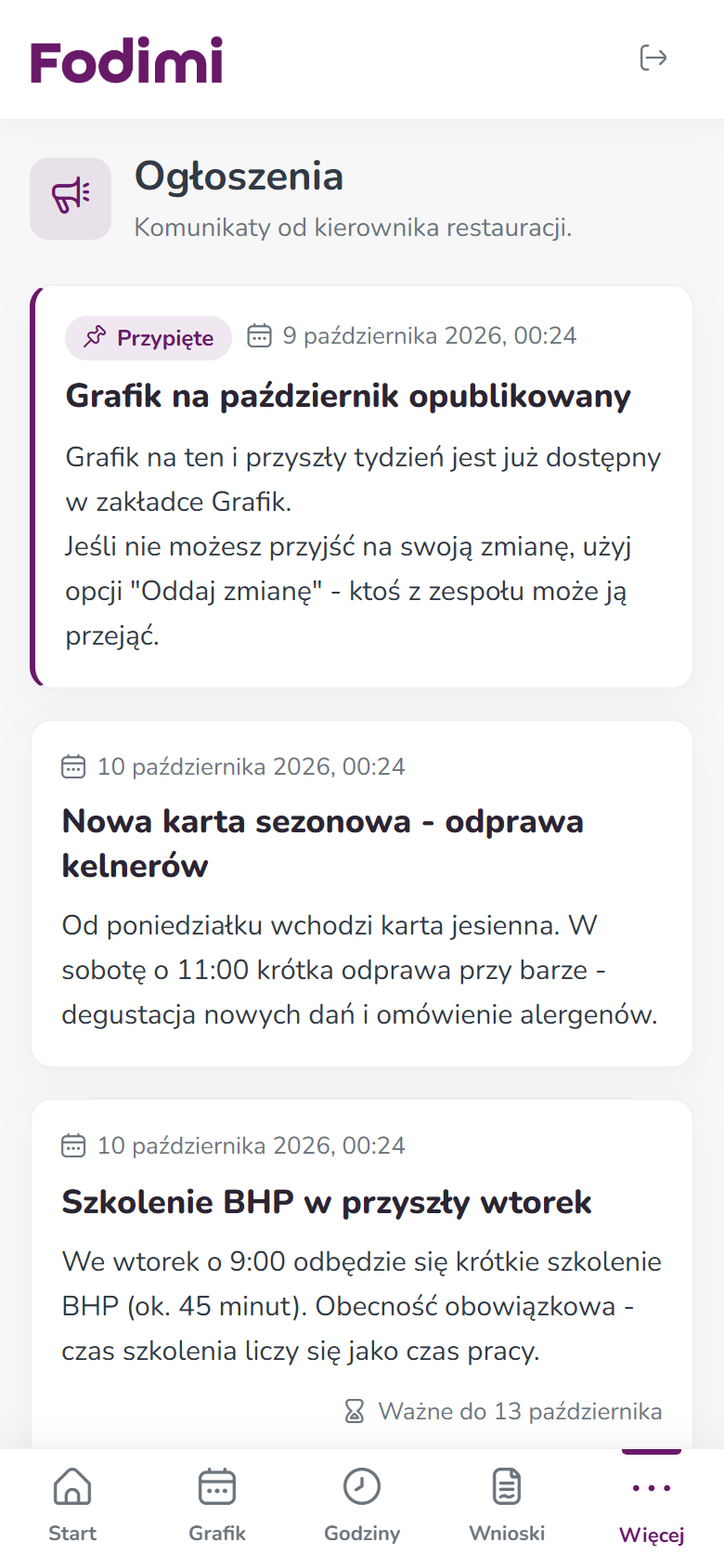Lista ogłoszeń na telefonie — przypięte ogłoszenie o grafiku na październik i komunikaty o odprawie i szkoleniu BHP