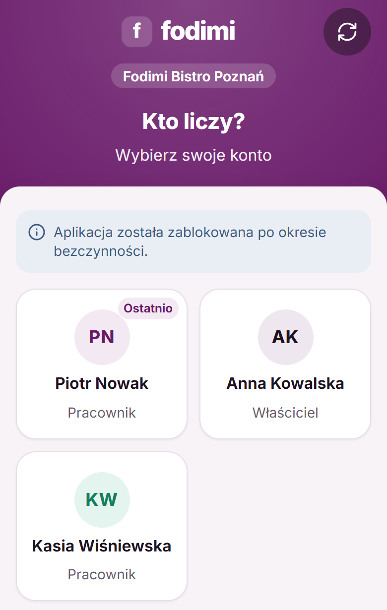 Ekran wyboru pracownika z informacją o blokadzie po bezczynności