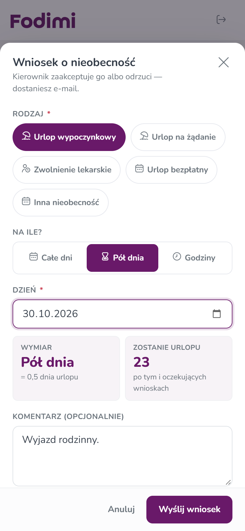 Wniosek o nieobecność — Pół dnia urlopu 30.10.2026, wymiar 0,5 dnia
