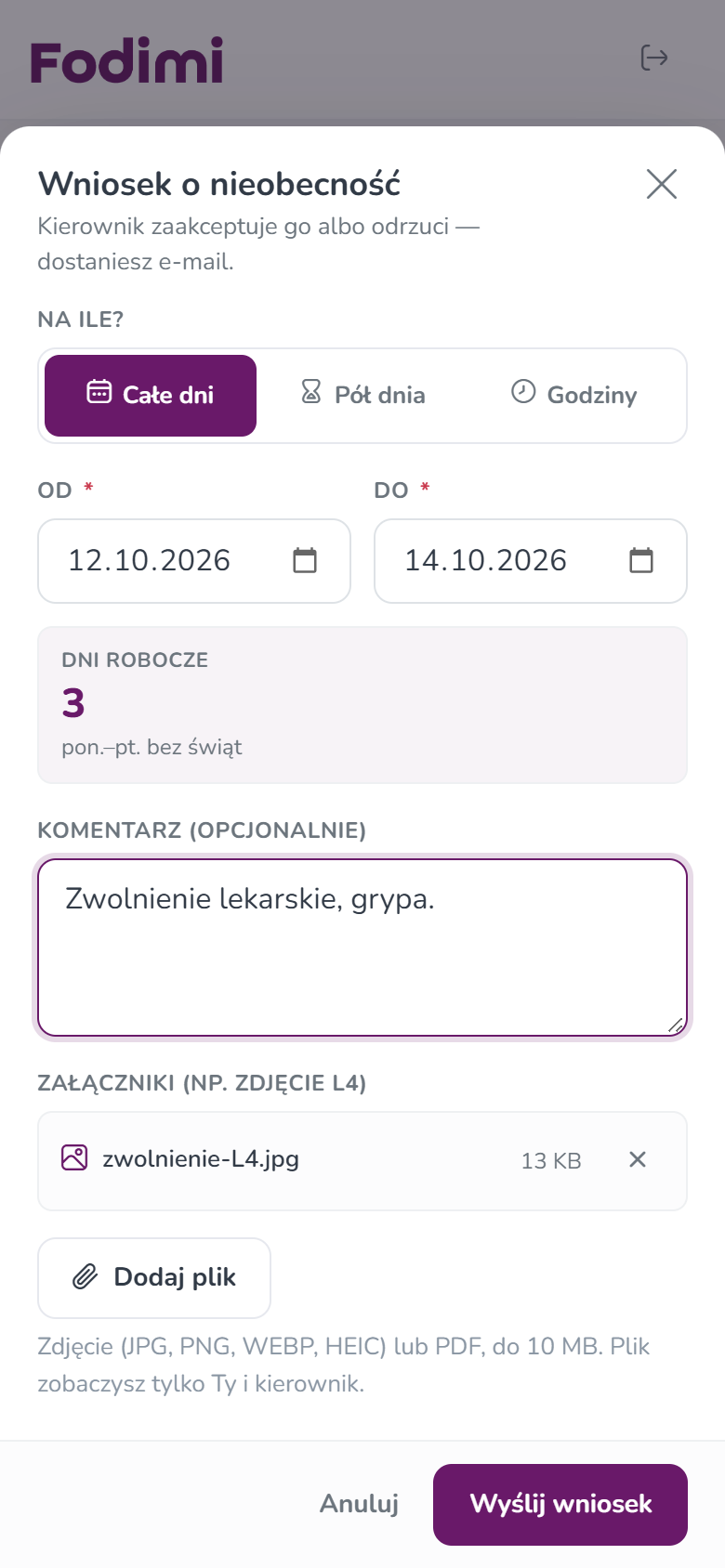 Dół formularza L4 — komentarz i dodany załącznik zwolnienie-L4.jpg oraz przycisk Wyślij wniosek
