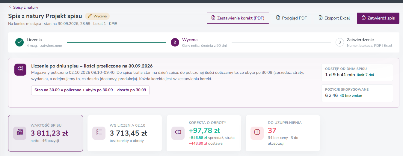 Ekran spisu z korektą o obroty