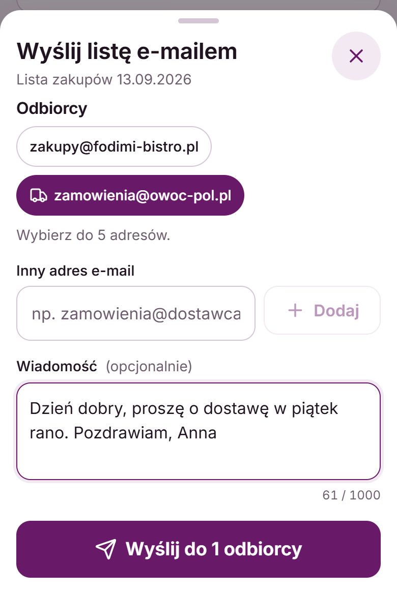 Okno Wyślij listę e-mailem: zaznaczony adres dostawcy, pole Inny adres e-mail, wiadomość i przycisk Wyślij do 1 odbiorcy