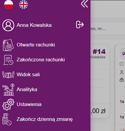 Menu boczne z pozycją Widok sali