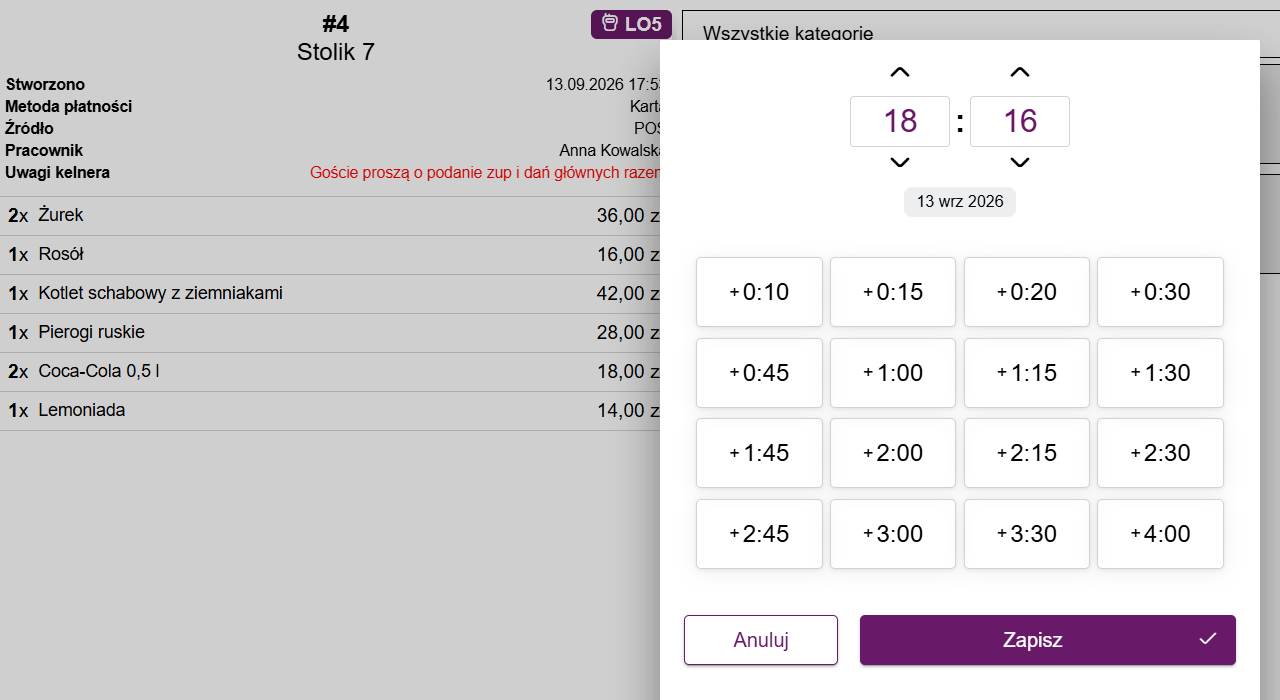 Okno wyboru godziny realizacji ze skrótami od +0:10 do +4:00