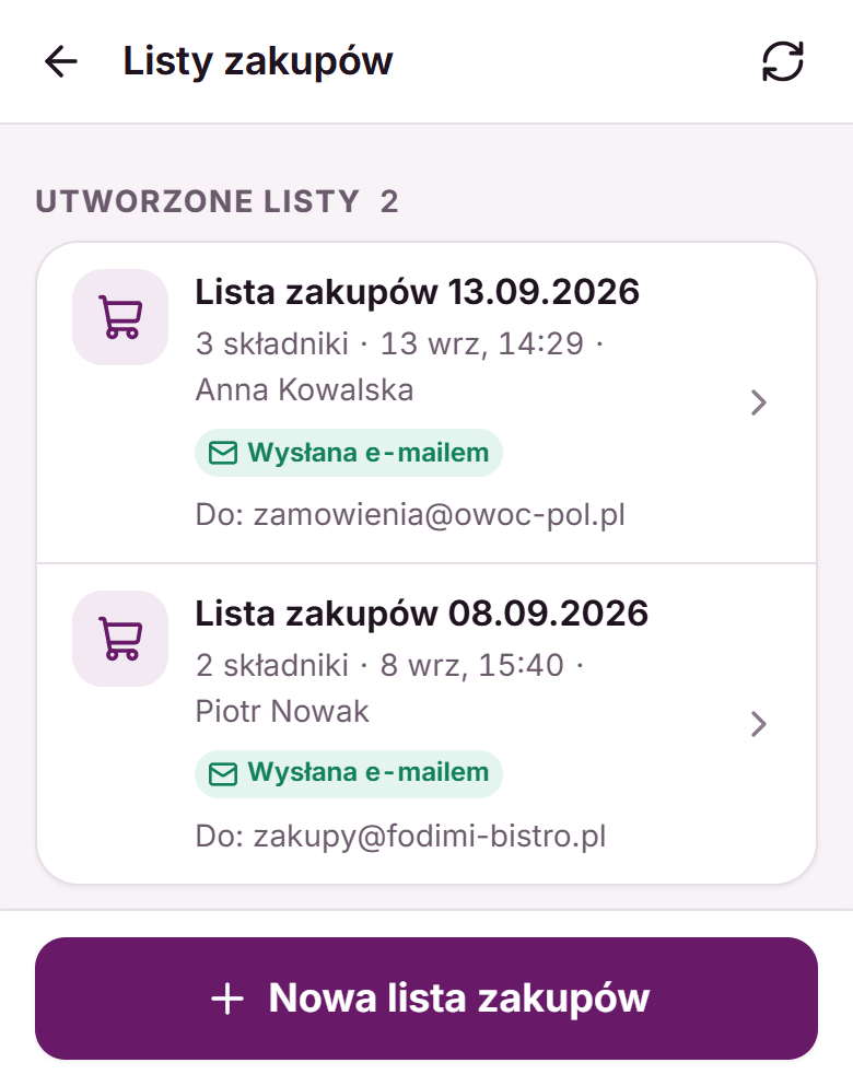Historia list zakupów: dwie listy ze statusem Wysłana e-mailem, liczbą składników, autorem i adresem odbiorcy