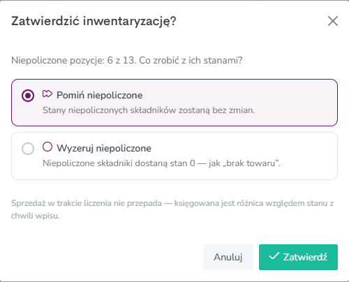 Okno zatwierdzania z wyborem, co zrobić z niepoliczonymi pozycjami