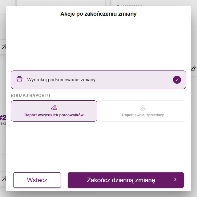 Okno Akcje po zakończeniu zmiany z opcją Wydrukuj podsumowanie zmiany i przyciskiem Zakończ dzienną zmianę