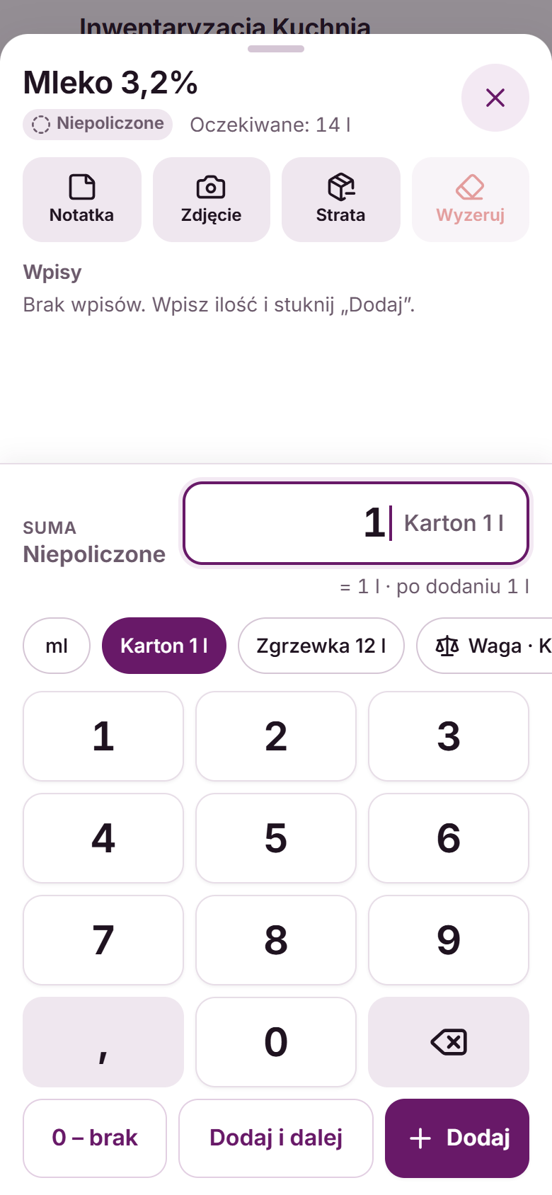Okno wpisu po zeskanowaniu kodu kartonu mleka: wybrane opakowanie „Karton 1 l” i wpisana ilość 1