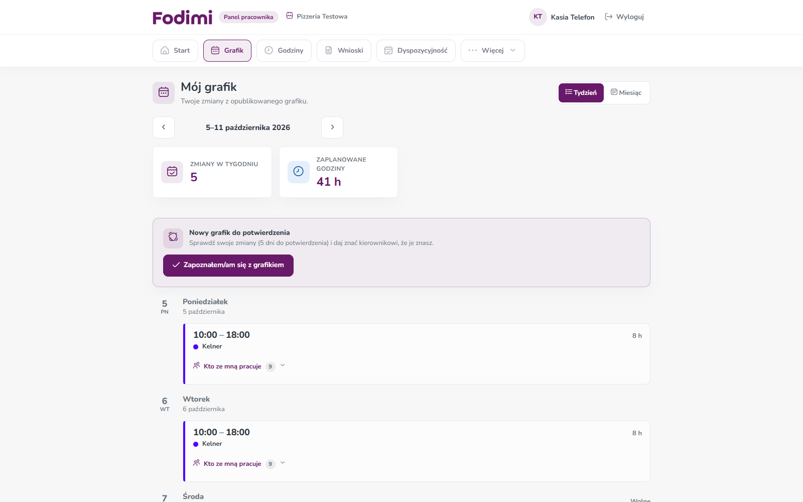 Mój grafik na komputerze — widok tygodnia z kartami zmian i przyciskiem Zapoznałem/am się z grafikiem