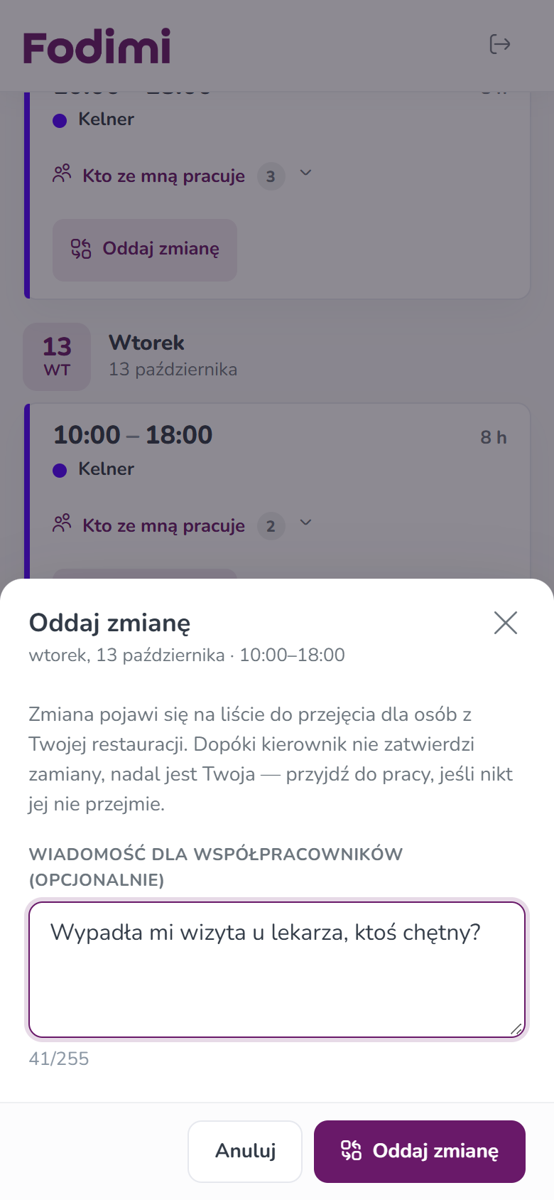 Okno Oddaj zmianę otwarte z grafiku — wtorek 13 października 10:00–18:00 i wiadomość dla współpracowników
