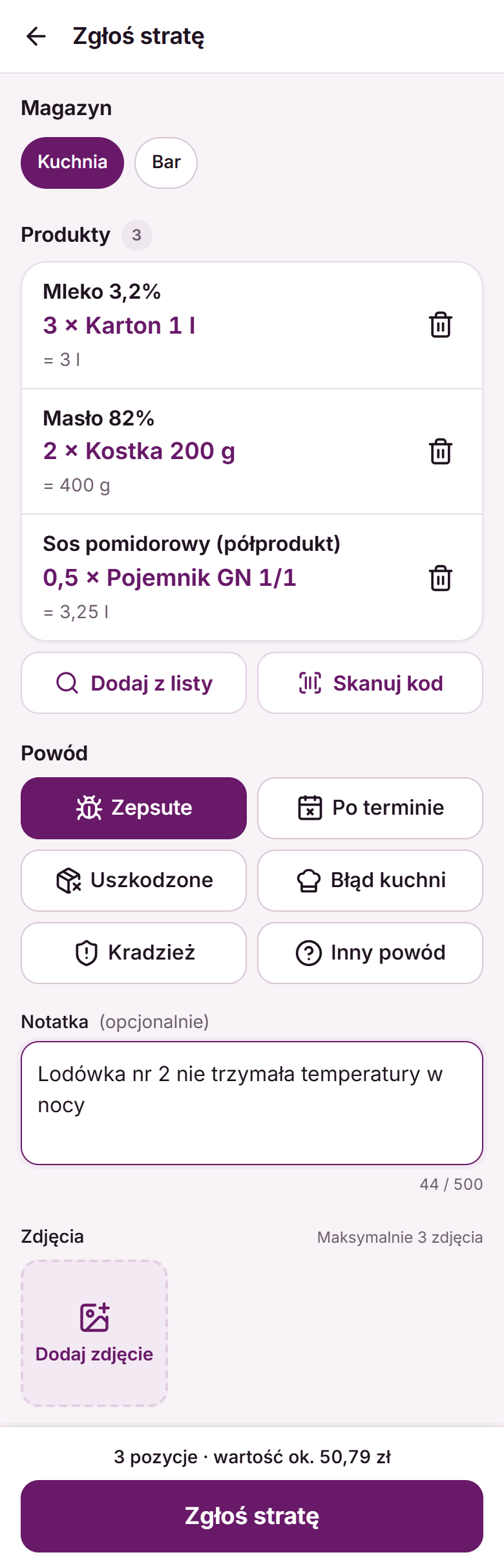Formularz Zgłoś stratę z trzema produktami w opakowaniach, powodem Zepsute i notatką