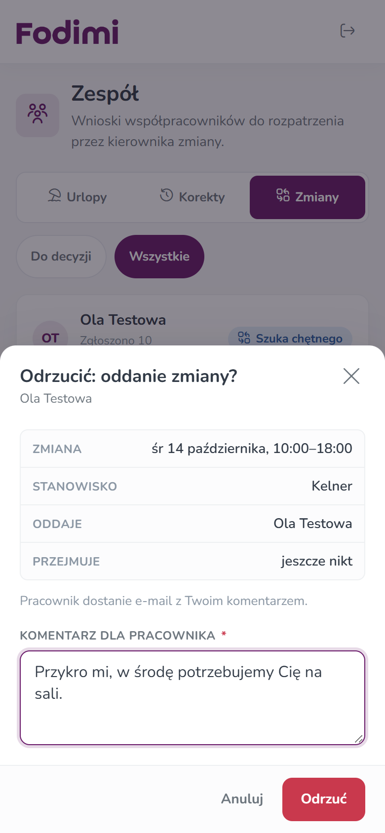 Okno Odrzucić: oddanie zmiany? z polem Komentarz dla pracownika i przyciskiem Odrzuć