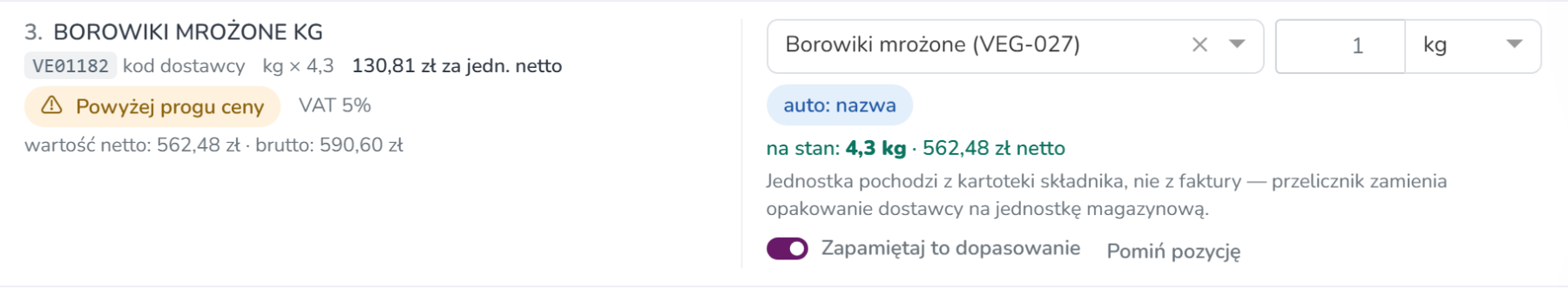 Pozycja faktury z KSeF z plakietką Powyżej progu ceny