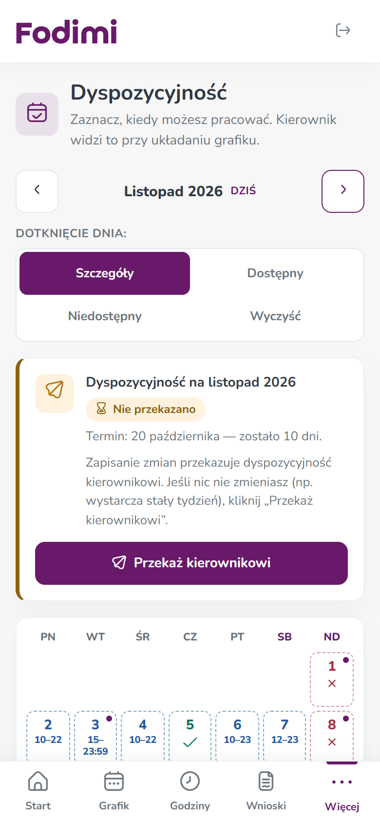 Dyspozycyjność na telefonie — wybór miesiąca, tryb Dotknięcie dnia i karta Dyspozycyjność na listopad z terminem
