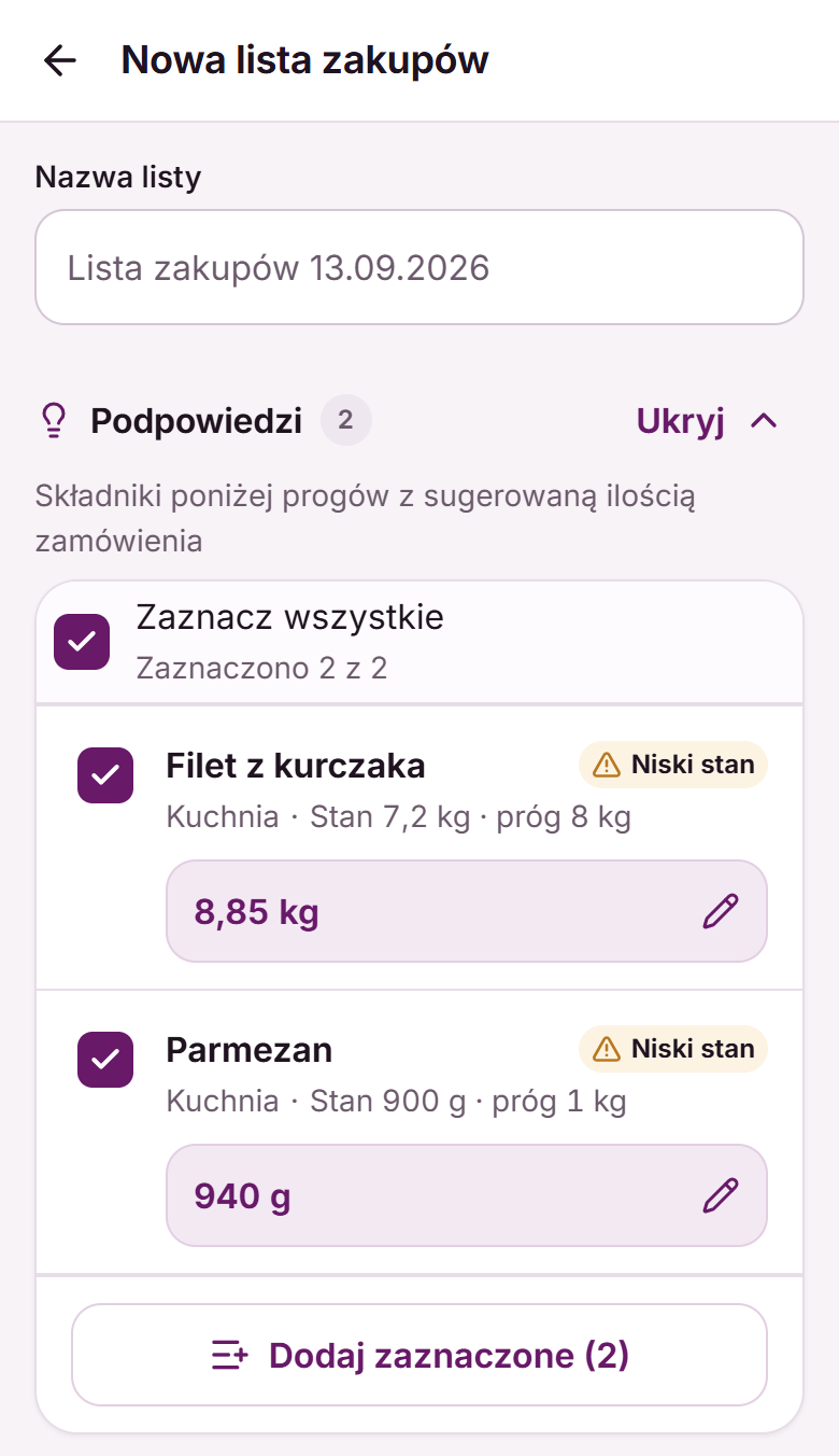 Podpowiedzi do listy zakupów w aplikacji Fodimi Magazyn