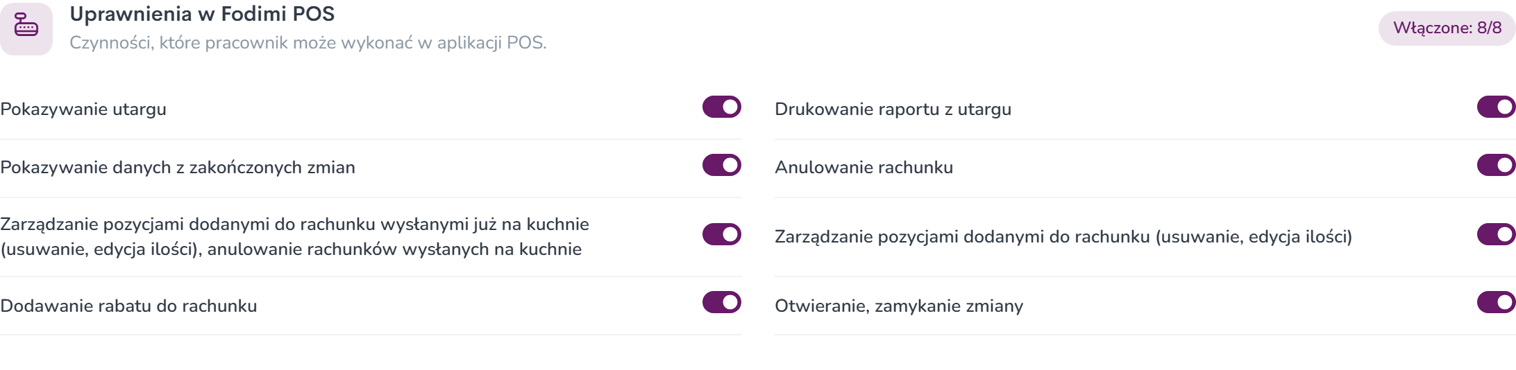Uprawnienia w Fodimi POS jako przełączniki