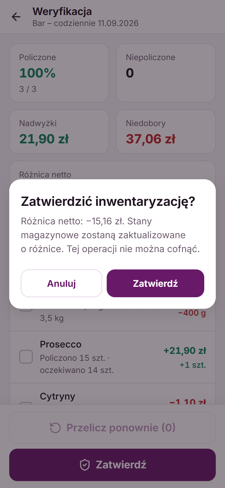 Okno „Zatwierdzić inwentaryzację?” z różnicą netto −15,16 zł