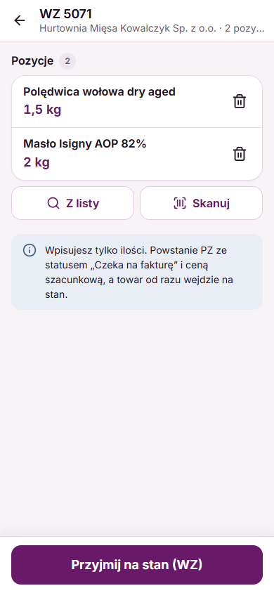 Pozycje dostawy na WZ