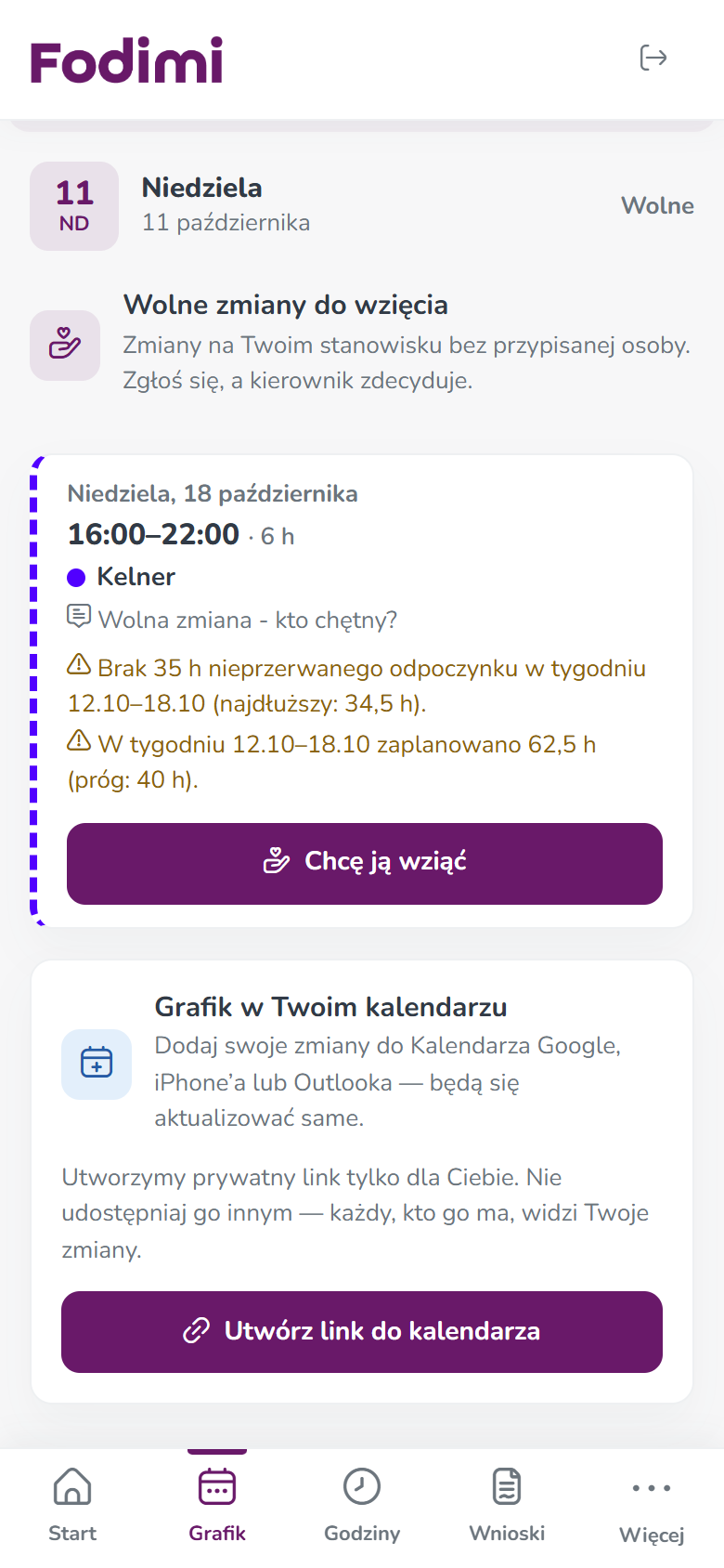 Panel pracownika w telefonie: sekcja Wolne zmiany do wzięcia z przyciskiem Chcę ją wziąć