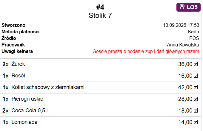 Nagłówek rachunku z uwagami kelnera i numerem pagera LO5