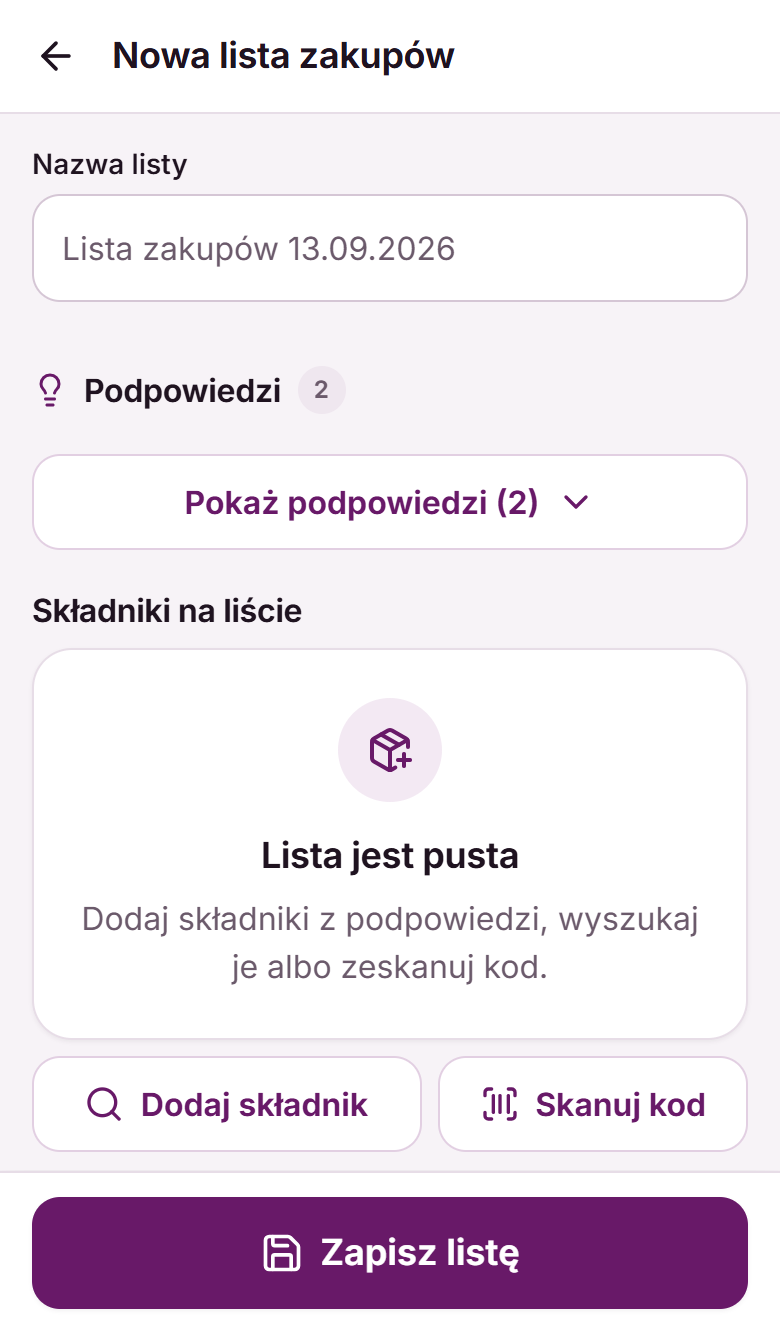 Nowa lista zakupów z nazwą domyślną, zwiniętymi podpowiedziami (2) i pustą listą składników