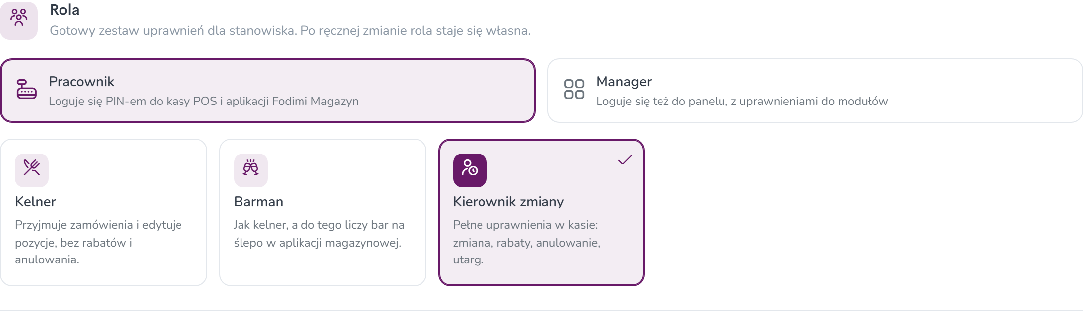 Sekcja Rola dla konta Pracownik: role Kelner, Barman i Kierownik zmiany