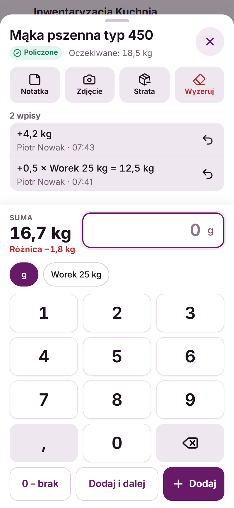 Okno wpisu dla mąki: dwa wpisy (worek i gramy), suma 16,7 kg, różnica i klawiatura