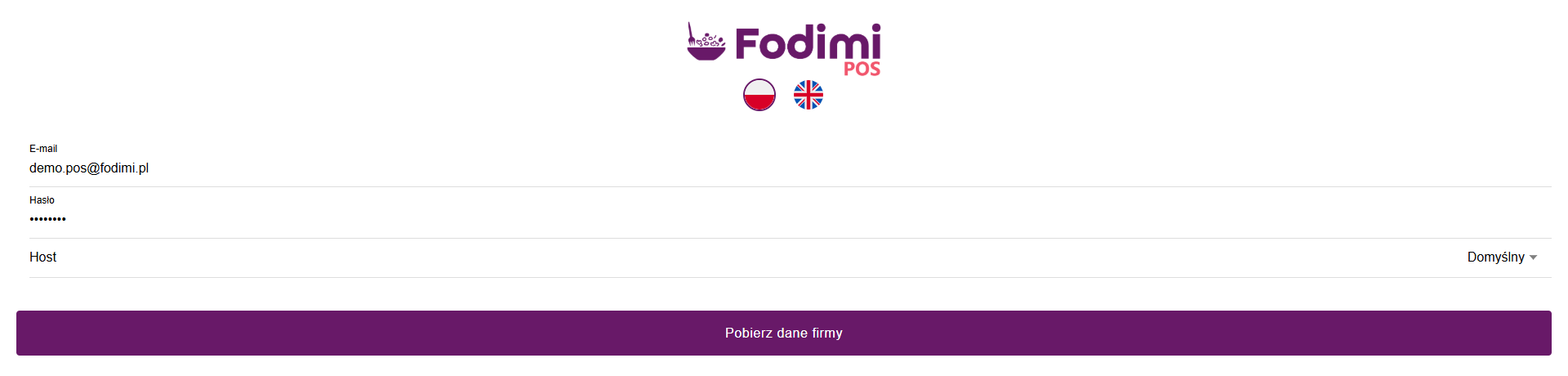 Ekran logowania Fodimi POS z polami E-mail, Hasło, Host i przyciskiem Pobierz dane firmy