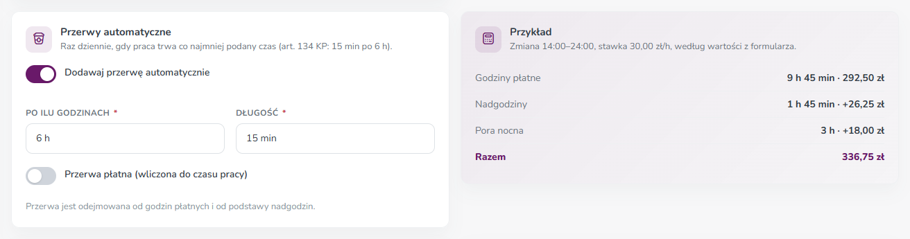 Przerwy automatyczne włączone: 15 min po 6 h, przerwa niepłatna. Przykład przeliczył się na 9 h 45 min płatnych i razem 336,75 zł