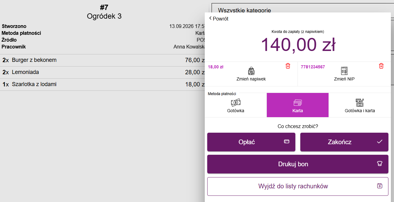 Ekran płatności z wpisanym napiwkiem i NIP-em klienta