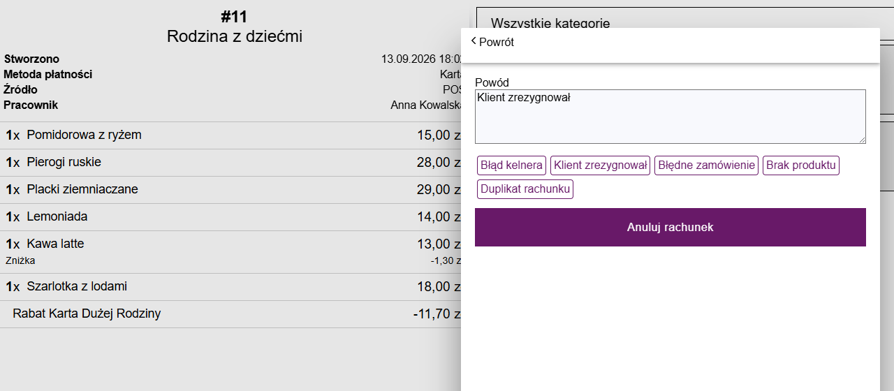 Okno anulowania rachunku z polem Powód i szybkimi powodami