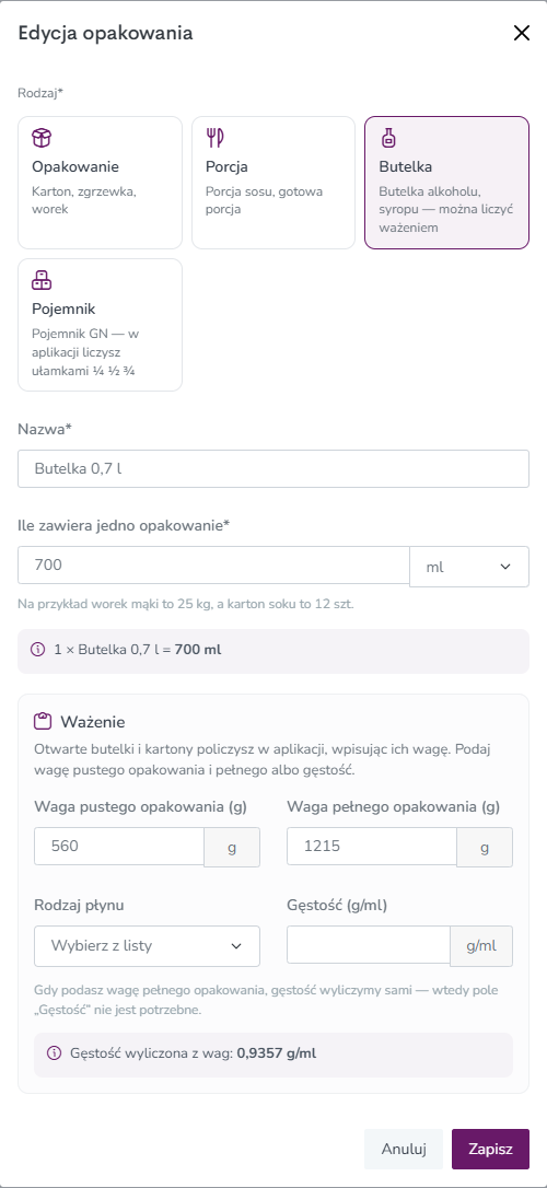 Okno „Edycja opakowania” z sekcją Ważenie: waga pustej i pełnej butelki oraz wyliczona gęstość